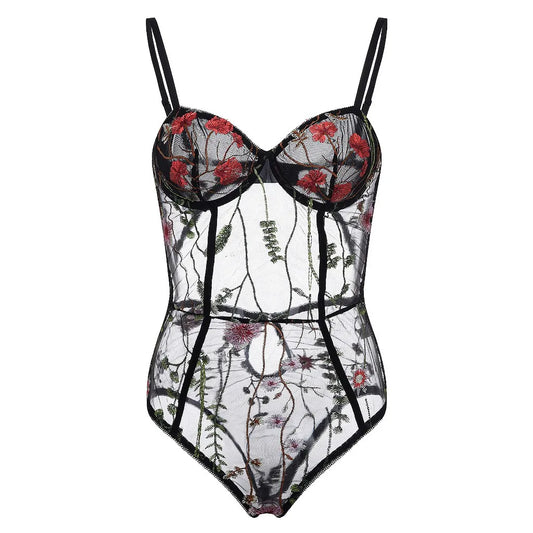 Bodysuit Women Temptation Embroidery Intimates Teddy Sexy Sheer Mesh Sleepwear Jumpsuit Seamless Underwear Sex Erotic Pajamas