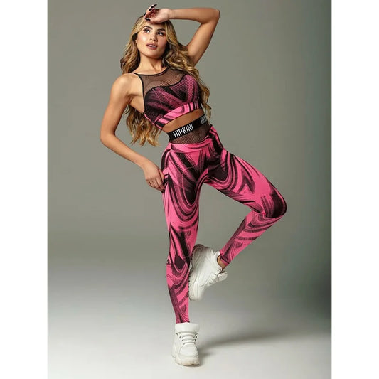 Krisnanas 2 Piece Yoga Sets 2025 Mesh Split-Joint Letter Print Tanks Tops&Leggings Sporty Training Pink Pants Suit 92105