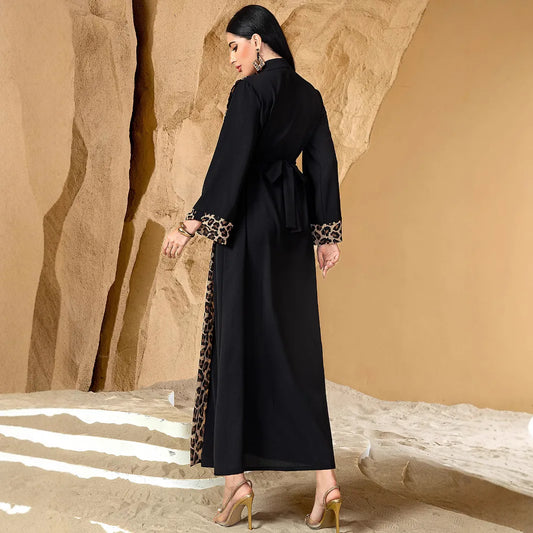 Women's Leopard Spliced V-neck Long Sleeve Ankle Length Cardigans with Sashes Middle East Female Plus Size Clothes Abaya Dress