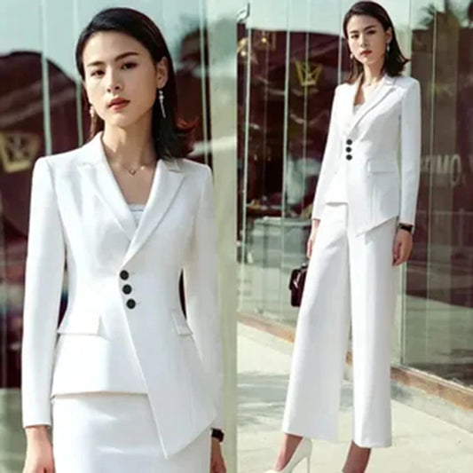 Elegant White two Pieces Suit Set for Women Peak Lapel Jacket Wide Leg Pants Sets Slim Fit Office Business Daily Female Clothing