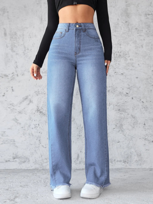 Street Sle High Waist Wide Leg Straight Jeans Women's No Stretch Denim Pants Casual Faion Pure Color Long Trousers