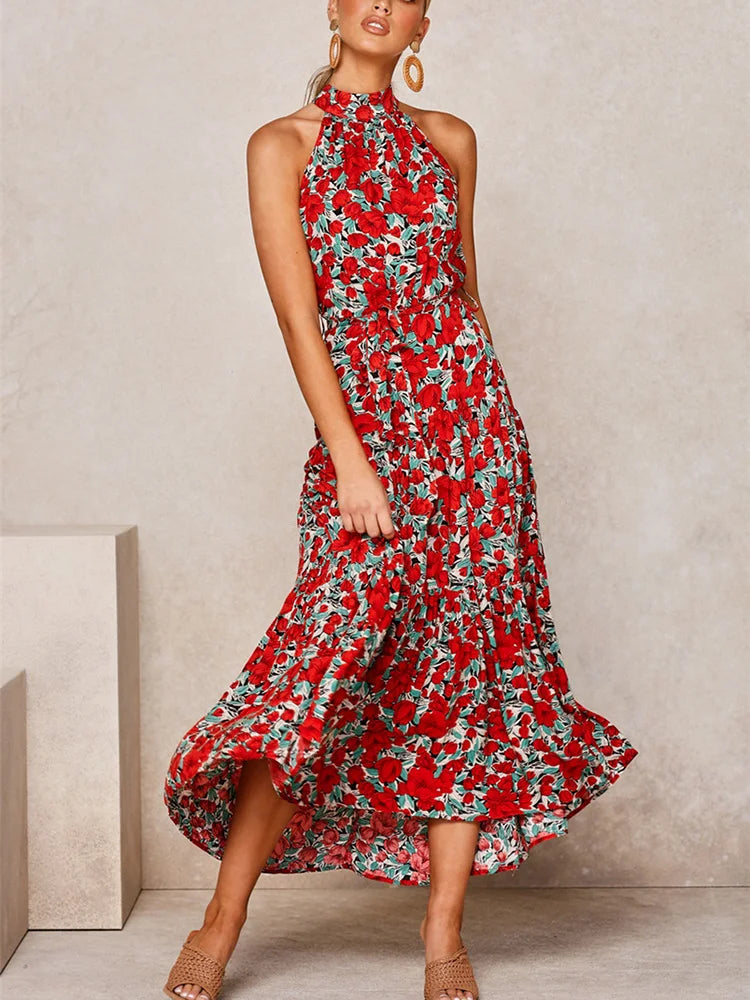 Boho Long Dress Women Flower Print Retro Party Dresses Female Shoulderless Lace Up Sleeveless Halter Summer Vintage Maxi Dress