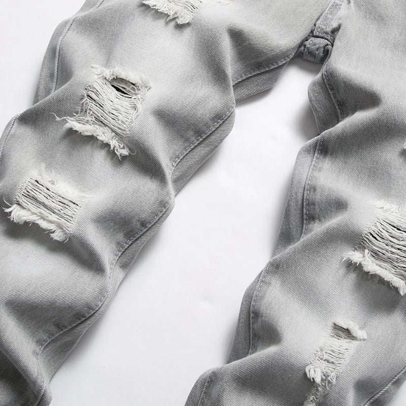 Boys' Gray Straight-leg Ripped Jeans Children Washed Distressed Stretch Denim Trousers Big Kids Casual Pants 5-16y