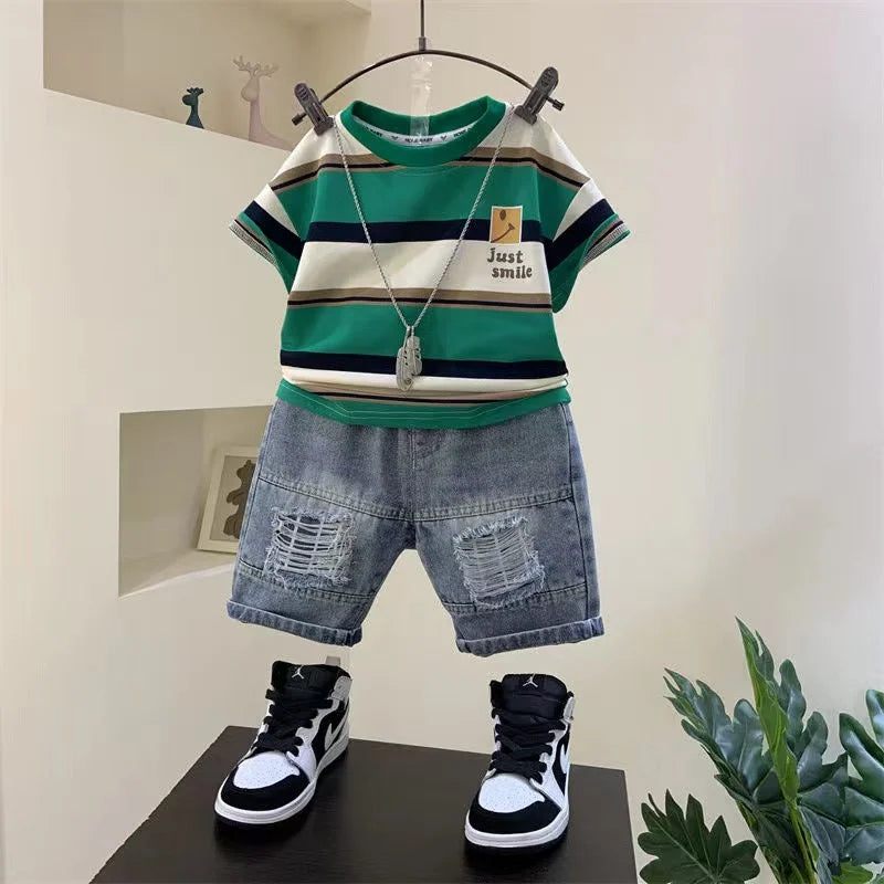 Boys Summer 2026 New Boutique Design Outfits Cotton Set Baby Boys Short Sleeve Shirt Jeans Shorts 2pcs Clothing Children 6 7 8Y