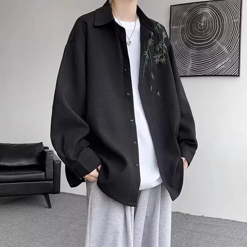 New Chinese Sle Long Sve Men's irt Embroidered Casual Thin Spring Loose Haome Cotton Flannel irt Jaet
