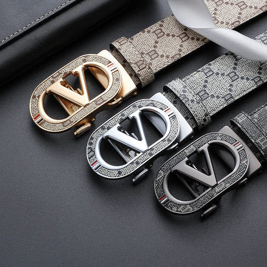 New Big "V" Automatic Buckle Men Belt, Fashionable Letter Buckle Waist Belt, Business Casual Leather Belt,Genuine Suit Belt