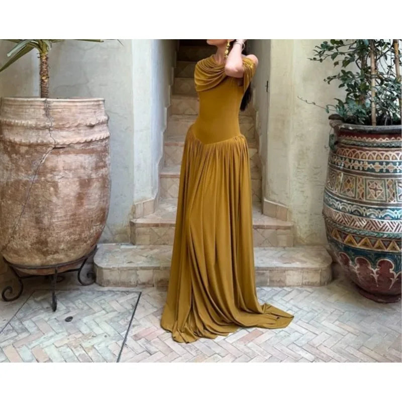 Retro One Shoulder Ruched Elegant Maxi Dress Women Sexy Half Sleeve Draped Party Dresses Lady Chic Holidays Evening Dress 2025