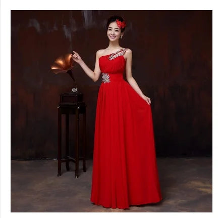 M108 Customized One Shoulder Chiffon Bridesmaid Dresses Bride Crystal Acrylic Diamond Jewelry Sexy Bespoke Occasion Dress Long