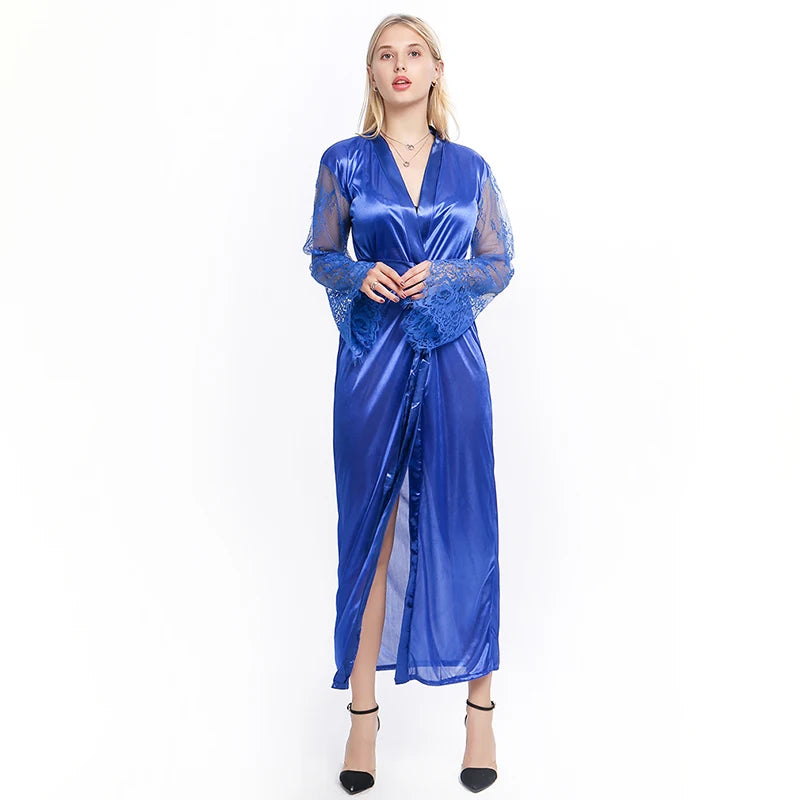 Women Long Bath Robe Summer Nightgown Lace Patchwork Lingerie Nightdress Sleepwear Sexy Robe Femme Nightgown Bridesmaid Robes