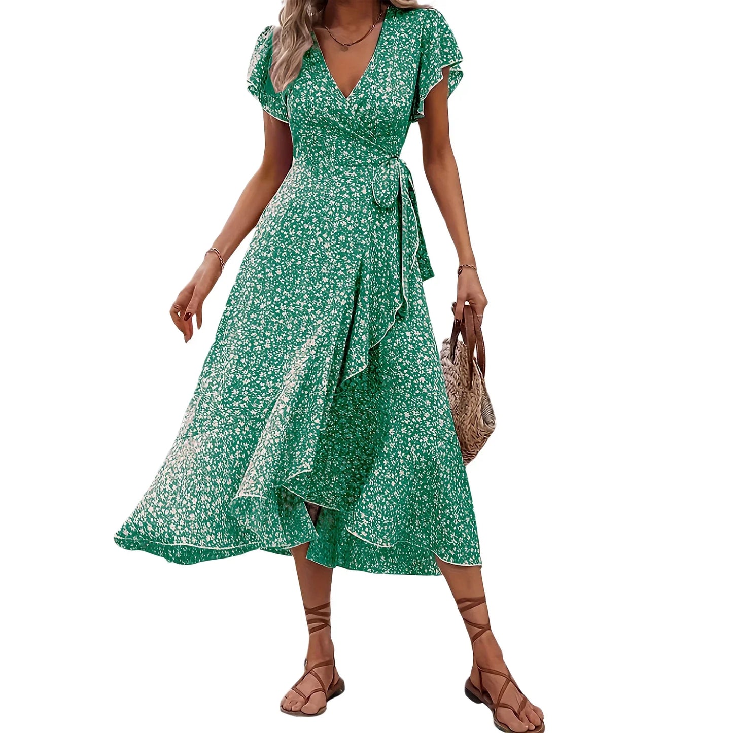 Women's Summer Flower Print Ruffle Dress Fashion Elegant Short Sleeve Wrap V Neck Tie Side Dresses