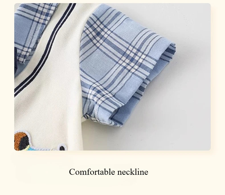 Boys Summer Short-sleeved Jumpsuit Clothes Baby Fake Two-piece College Style Onesie Babe Cute Dog Label Romper Fashion Outwear