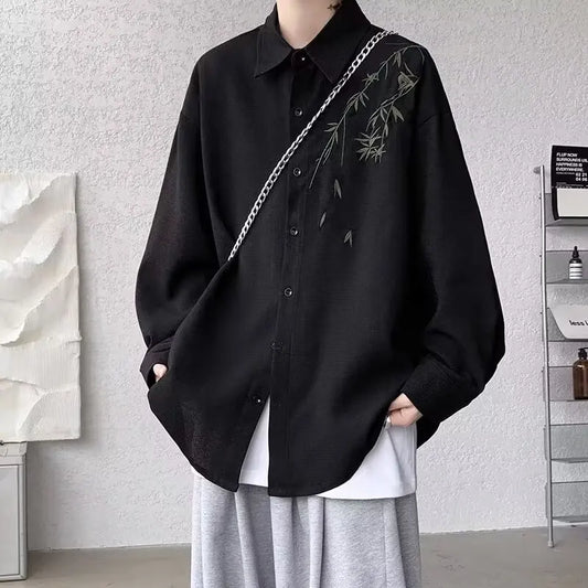 New Chinese Sle Long Sve Men's irt Embroidered Casual Thin Spring Loose Haome Cotton Flannel irt Jaet