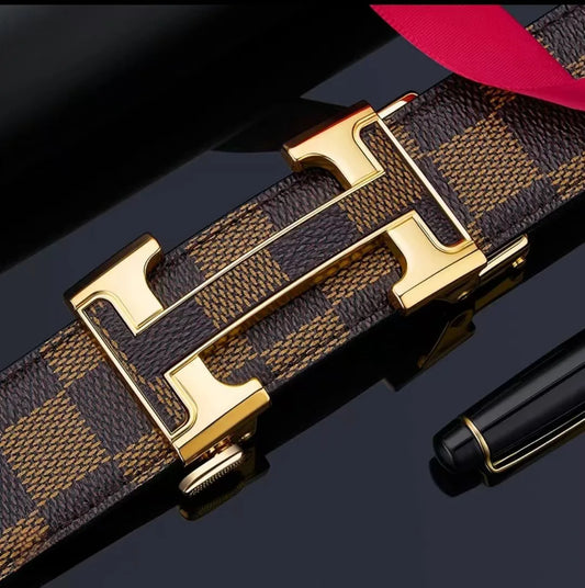 Check Pattern Leather Belt Automatic Buckle Young Fashion Casual Belt Trendy Ins Top Grain Cowhide High End Business