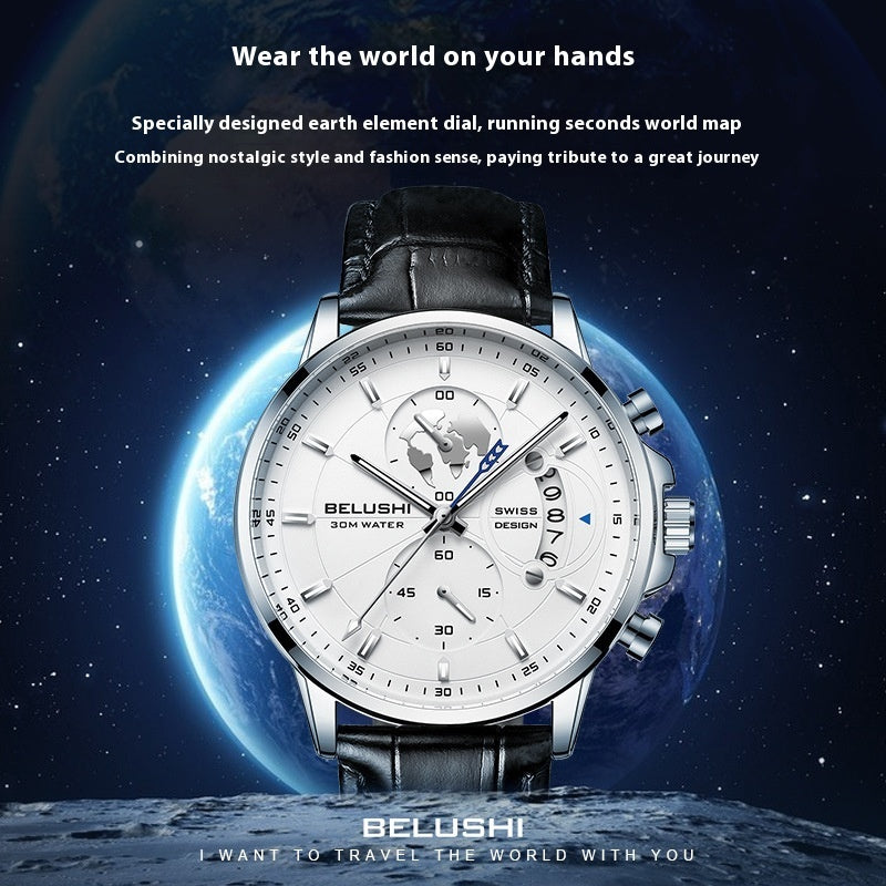 Business Three-eye Timing Leather Luminous Watch Steel Band