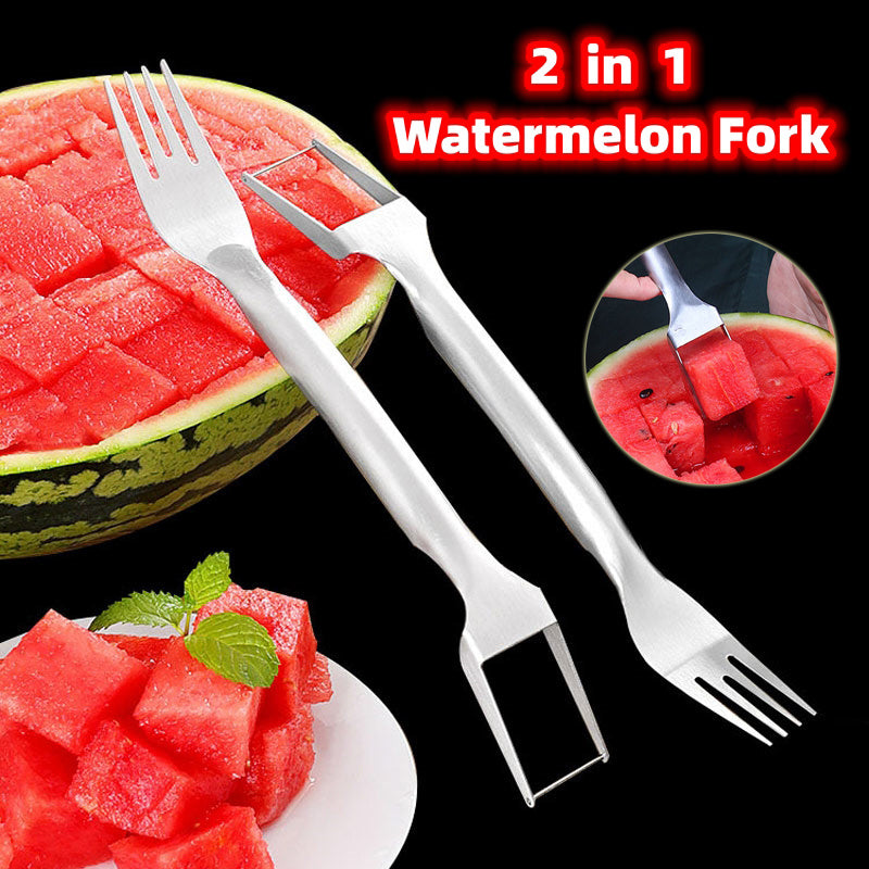 2 In 1 Watermelon Fork Slicer Multi-purpose Stainless Steel Watermelon Slicer Cutter Kitchen Fruit Cutting Fork Fruit Divider Kitchen Gadgets (Available)
