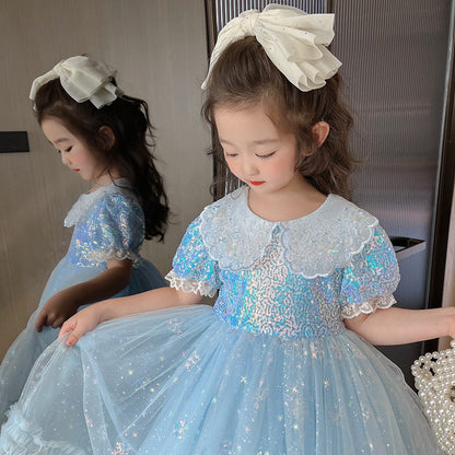 Girls Birthday Dress Doll Collar Sequins Umbrella Princess Dress