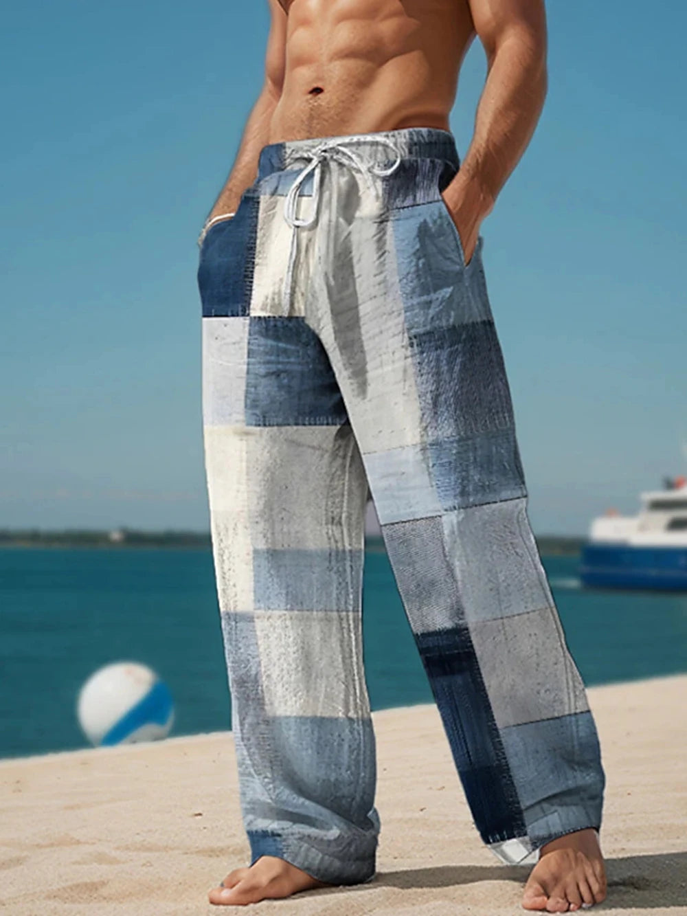 Plaid Color Block Men's Resort 3D Printed Casual Pants Trousers Elastic Waist Fit Straight-Leg Pant Summer Beach Pants 6XL