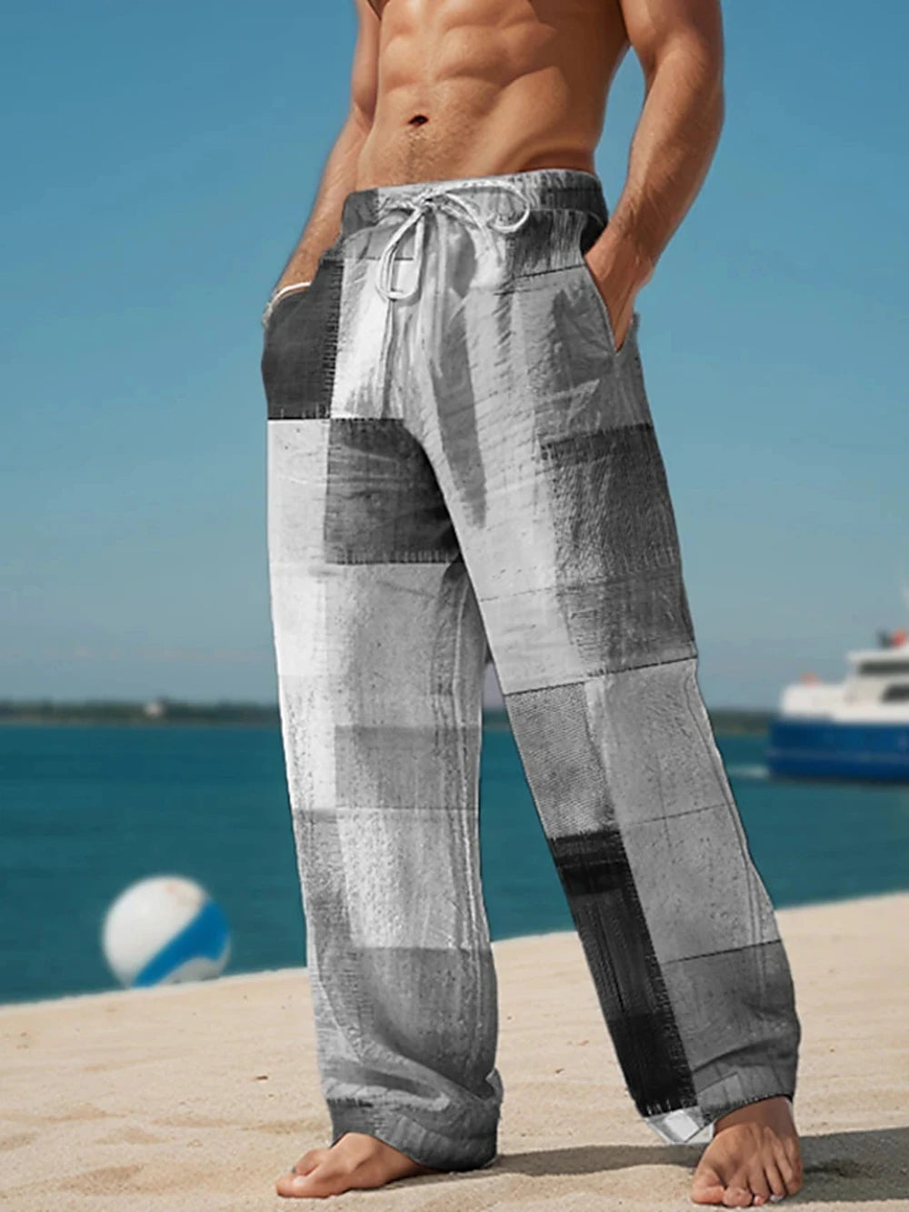Plaid Color Block Men's Resort 3D Printed Casual Pants Trousers Elastic Waist Fit Straight-Leg Pant Summer Beach Pants 6XL
