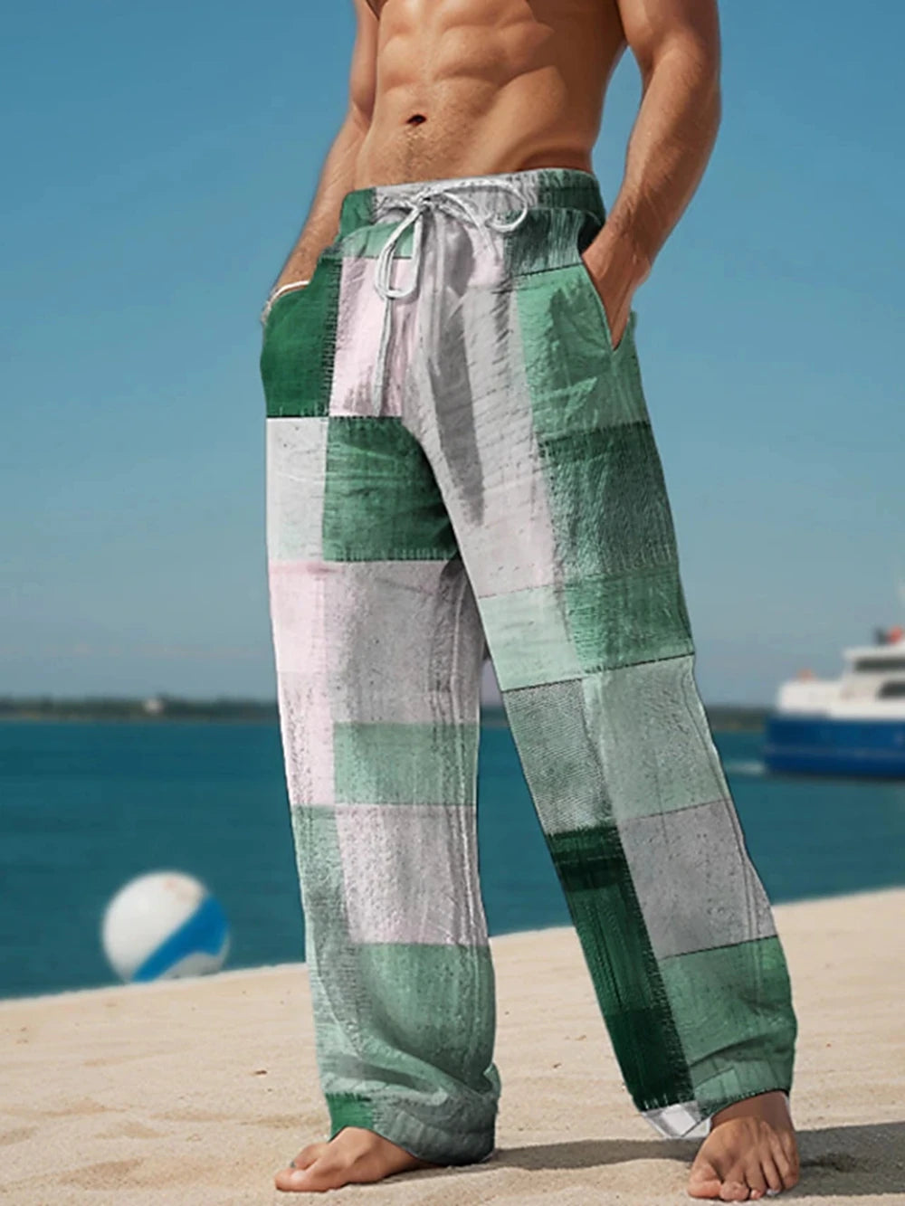 Plaid Color Block Men's Resort 3D Printed Casual Pants Trousers Elastic Waist Fit Straight-Leg Pant Summer Beach Pants 6XL