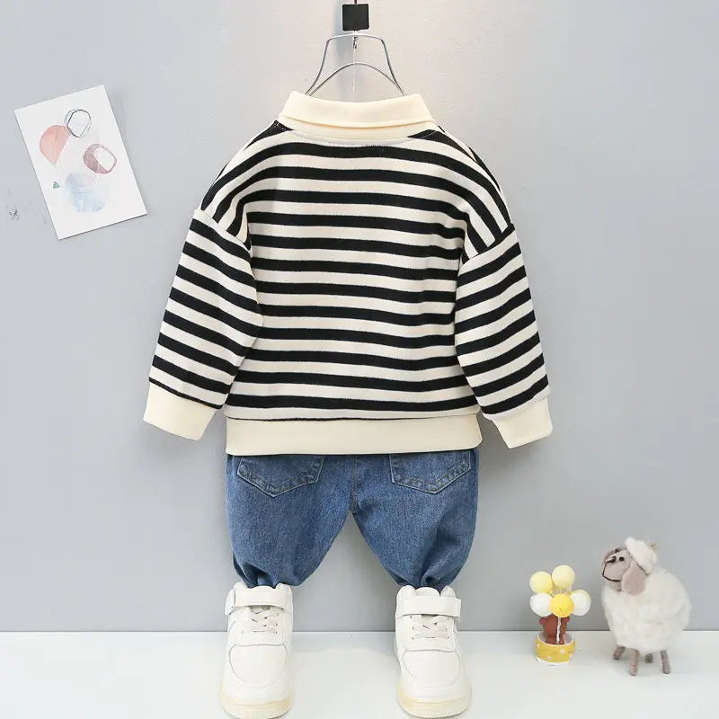New Spring Causal Suit Kids Boys Girls Cartoon Strips T Shirt Pants 2pcs/Set Children Clothing Kids Infant Sportswear 0-5 Years