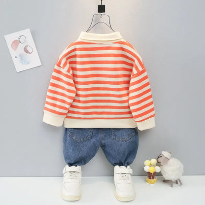 New Spring Causal Suit Kids Boys Girls Cartoon Strips T Shirt Pants 2pcs/Set Children Clothing Kids Infant Sportswear 0-5 Years