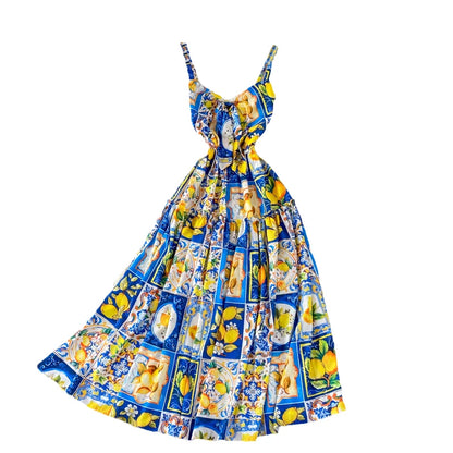 Summer Bohemian Sleeveless Long Dress Women's Sexy Spaghetti Strap High Waist Flower Print Holiday Beach Dresses Vestido M78905