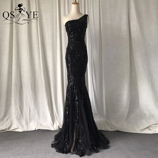 One Shoulder Sequined Black Evening Dresses Glitter Pattern Lace Mermaid Prom Gown Long Formal Party Women Fashion Dress 2025