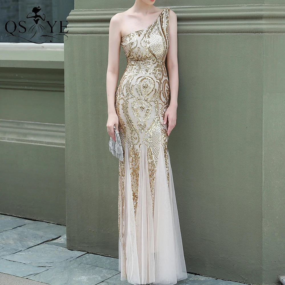 One Shoulder Sequined Black Evening Dresses Glitter Pattern Lace Mermaid Prom Gown Long Formal Party Women Fashion Dress 2025