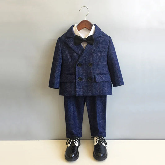 Child Formal British Plaid Dress Suits Set Spring And Autumn Boys Birthday Party Wedding Piano Show Costume Kids Blazer Pants