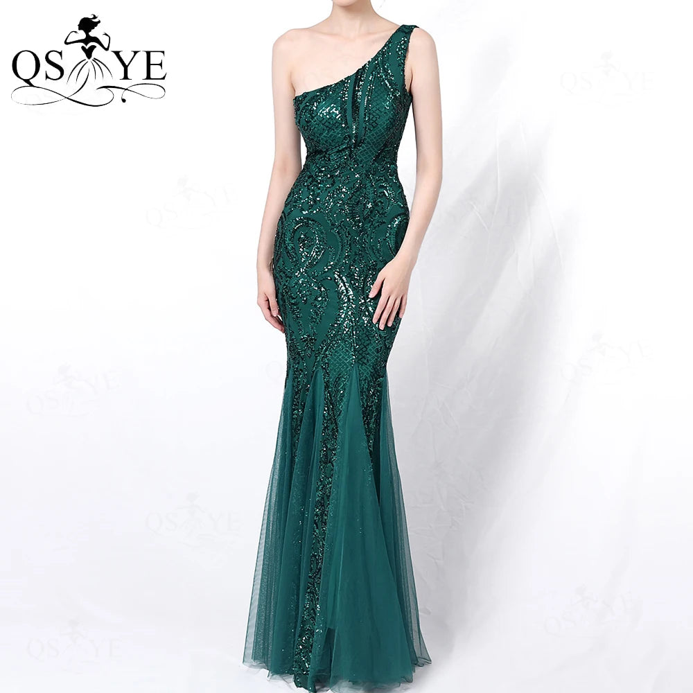 One Shoulder Sequined Black Evening Dresses Glitter Pattern Lace Mermaid Prom Gown Long Formal Party Women Fashion Dress 2025