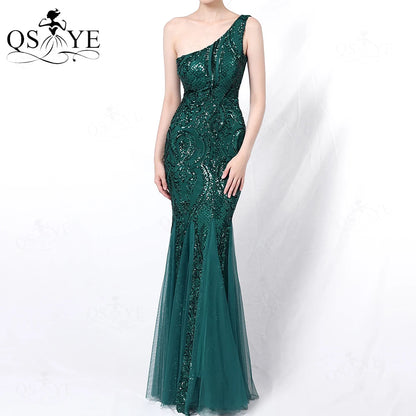 One Shoulder Sequined Black Evening Dresses Glitter Pattern Lace Mermaid Prom Gown Long Formal Party Women Fashion Dress 2025