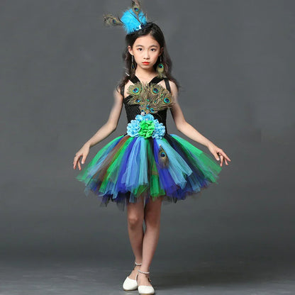 POSH DREAM Girl Peacock Flower Party Tutu Dresses for Halloween with Train Tulle Peacock Princess Children Party Evening Dress