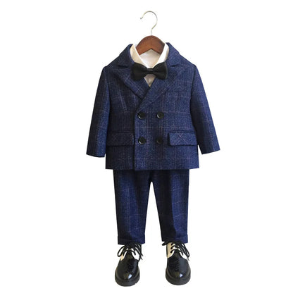 Child Formal British Plaid Dress Suits Set Spring And Autumn Boys Birthday Party Wedding Piano Show Costume Kids Blazer Pants