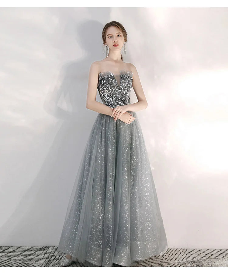 Customized Long Silver Gray Evening Dresses Sweet Celebrity Sequin Graduation Robes Soiree Dinner Wedding Party Dress Women
