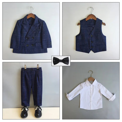Child Formal British Plaid Dress Suits Set Spring And Autumn Boys Birthday Party Wedding Piano Show Costume Kids Blazer Pants