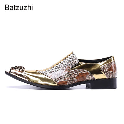 Batzuzhi Men's Shoes Luxury Handmade Pointed Toe Leather Dress Shoes Men Slip on Gold Oxfords for Men Partry/Wedding, EU38-46