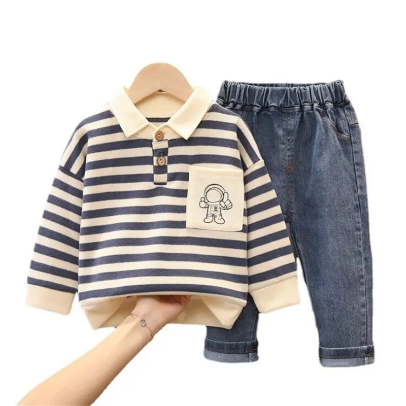 New Spring Causal Suit Kids Boys Girls Cartoon Strips T Shirt Pants 2pcs/Set Children Clothing Kids Infant Sportswear 0-5 Years