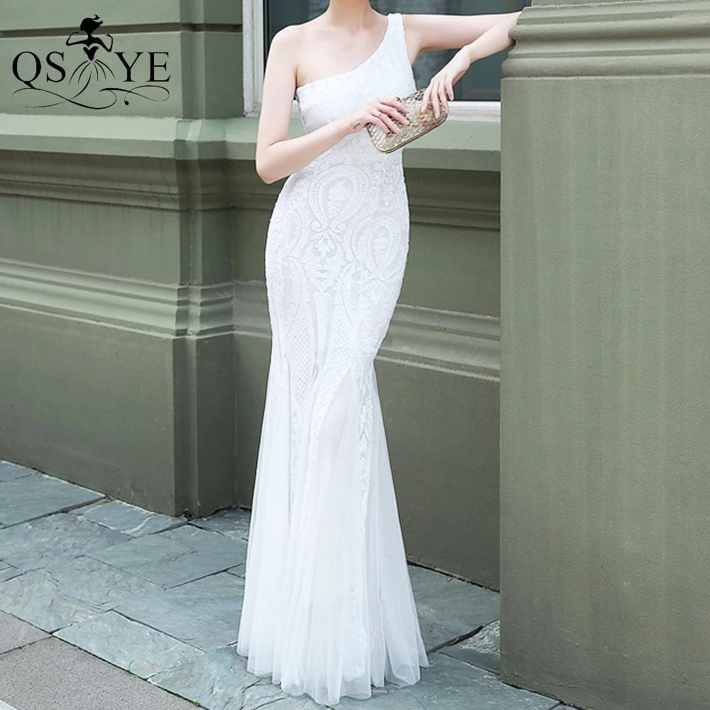 One Shoulder Sequined Black Evening Dresses Glitter Pattern Lace Mermaid Prom Gown Long Formal Party Women Fashion Dress 2025