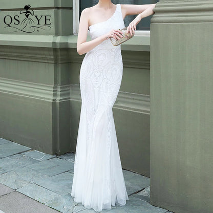 One Shoulder Sequined Black Evening Dresses Glitter Pattern Lace Mermaid Prom Gown Long Formal Party Women Fashion Dress 2025