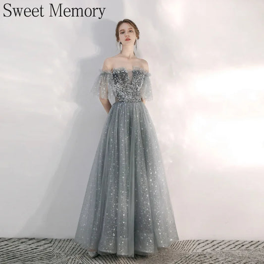 Customized Long Silver Gray Evening Dresses Sweet Celebrity Sequin Graduation Robes Soiree Dinner Wedding Party Dress Women