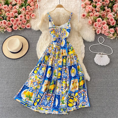 Summer Bohemian Sleeveless Long Dress Women's Sexy Spaghetti Strap High Waist Flower Print Holiday Beach Dresses Vestido M78905