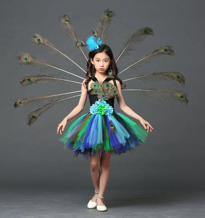 POSH DREAM Girl Peacock Flower Party Tutu Dresses for Halloween with Train Tulle Peacock Princess Children Party Evening Dress