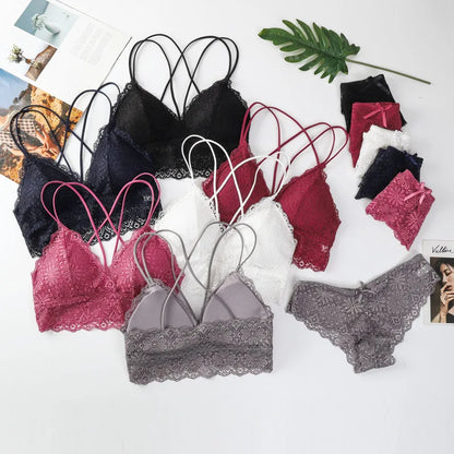 Women Lace Sexy Lingerie Set Push Up Bra Low-Rise Panties Underwear Set Sexy Wireless Bralette Comfort Breathable Brief Set