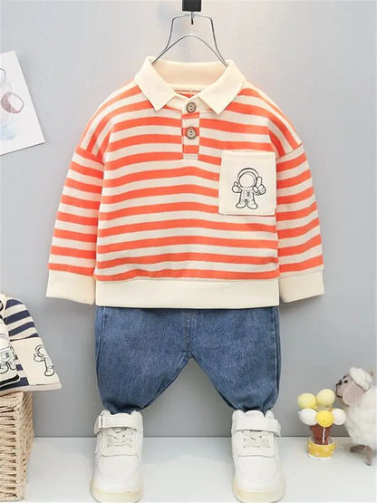 New Spring Causal Suit Kids Boys Girls Cartoon Strips T Shirt Pants 2pcs/Set Children Clothing Kids Infant Sportswear 0-5 Years