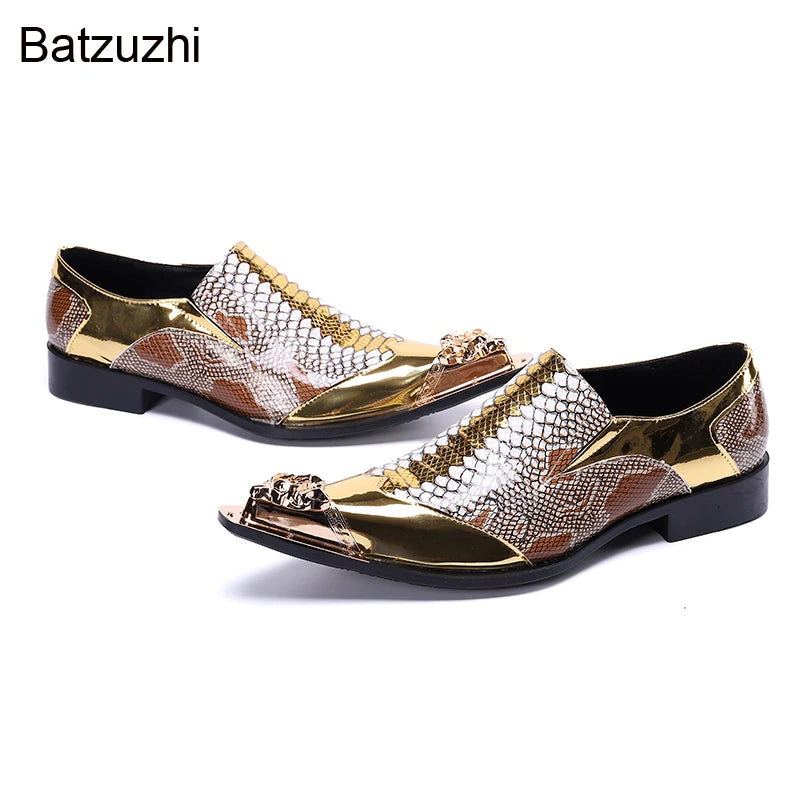 Batzuzhi Men's Shoes Luxury Handmade Pointed Toe Leather Dress Shoes Men Slip on Gold Oxfords for Men Partry/Wedding, EU38-46
