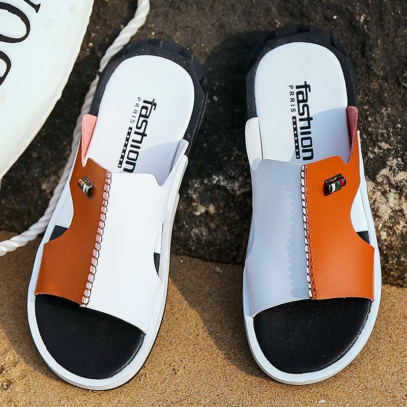 Comfortable Sandals Men Summer Slippers Fashion Peep Toe PU Flip Flops Shoes Male Outdoor Non-slip Flat Beach Slides Big Size