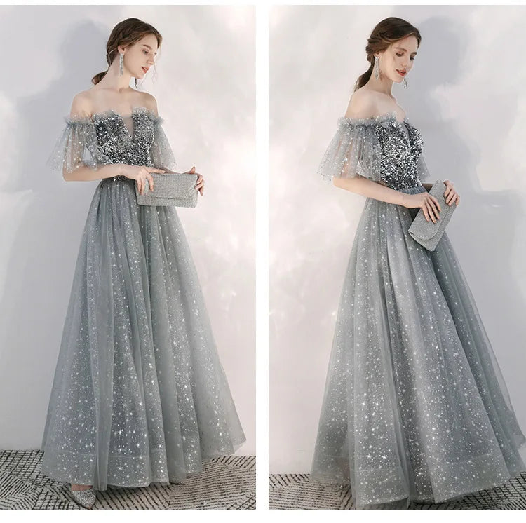 Customized Long Silver Gray Evening Dresses Sweet Celebrity Sequin Graduation Robes Soiree Dinner Wedding Party Dress Women