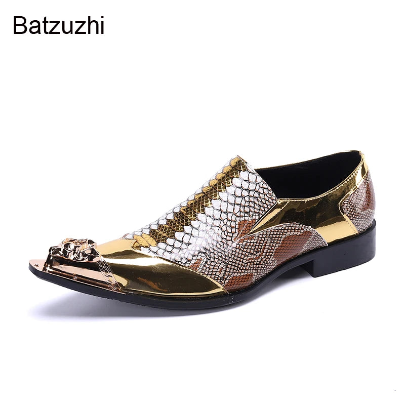 Batzuzhi Men's Shoes Luxury Handmade Pointed Toe Leather Dress Shoes Men Slip on Gold Oxfords for Men Partry/Wedding, EU38-46