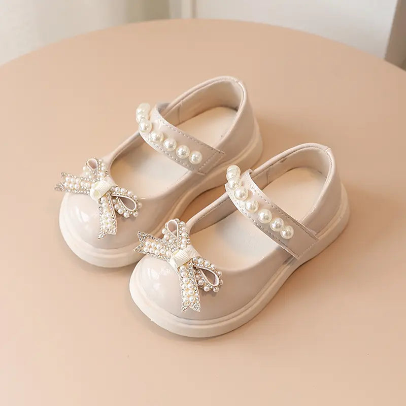 Kids Fashion Pearl Bow Knot PU Leather Princess Shoes for Girls Butterfly Baby Shoes