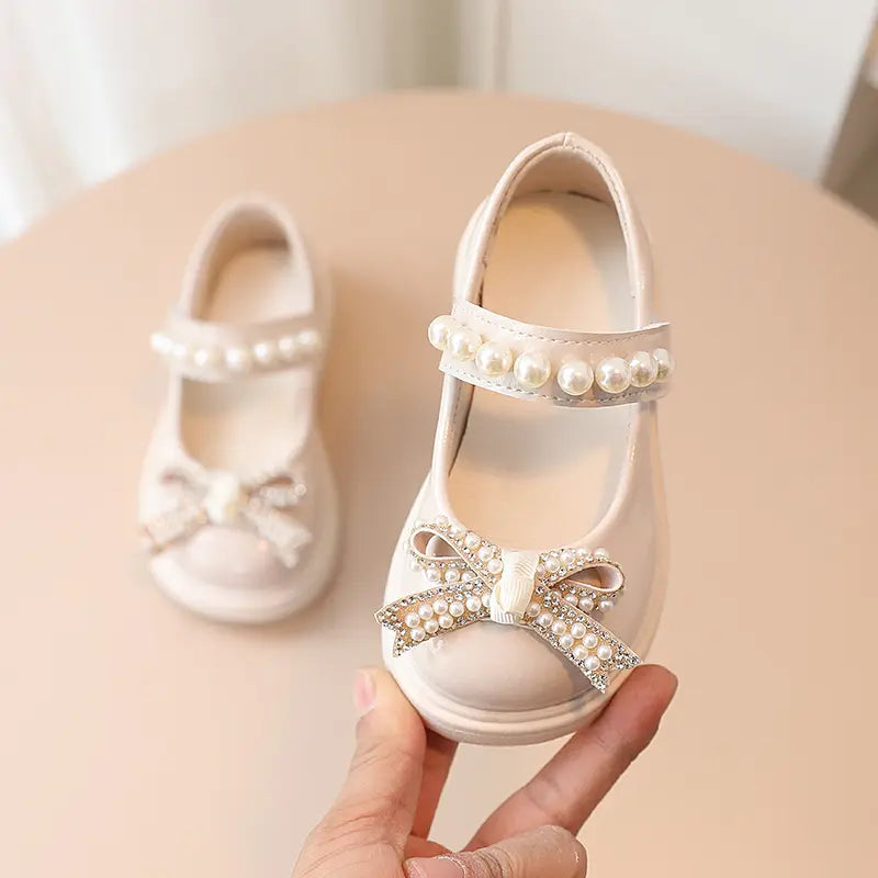 Kids Fashion Pearl Bow Knot PU Leather Princess Shoes for Girls Butterfly Baby Shoes